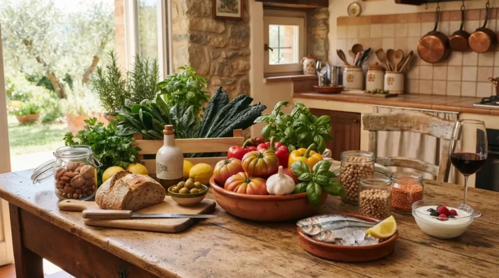 Alimenti base della dieta mediterranea tra cui verdure fresche, olio d'oliva, pesce, pane e frutta secca disposti su un tavolo rustico in una cucina di casa.