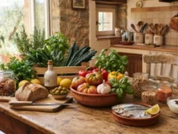 Alimenti base della dieta mediterranea tra cui verdure fresche, olio d'oliva, pesce, pane e frutta secca disposti su un tavolo rustico in una cucina di casa.
