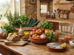 Alimenti base della dieta mediterranea in cucina Alimenti base della dieta mediterranea tra cui verdure fresche, olio d'oliva, pesce, pane e frutta secca disposti su un tavolo rustico in una cucina di casa.