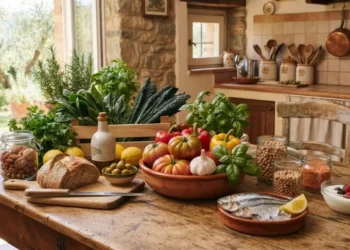 Alimenti base della dieta mediterranea tra cui verdure fresche, olio d'oliva, pesce, pane e frutta secca disposti su un tavolo rustico in una cucina di casa.