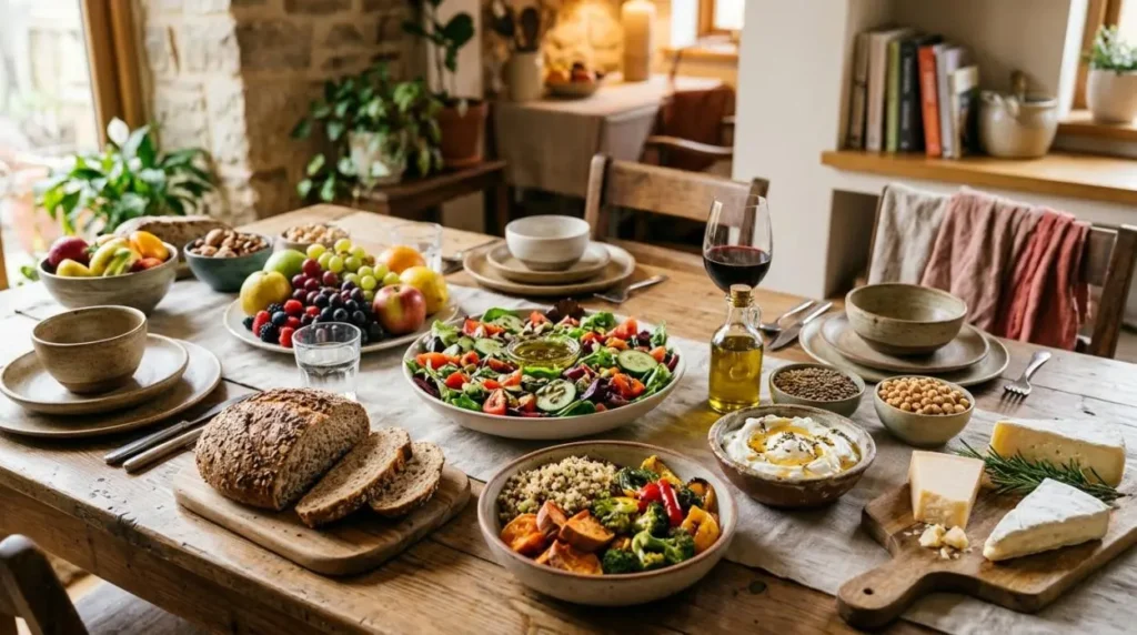 Tavola di legno rustica imbandita con abbondanti cibi freschi, insalata mista, verdure arrosto, cereali integrali e frutta, a rappresentazione di un'alimentazione sana ed equilibrata.