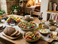 Tavola di legno rustica imbandita con abbondanti cibi freschi, insalata mista, verdure arrosto, cereali integrali e frutta, a rappresentazione di un'alimentazione sana ed equilibrata.