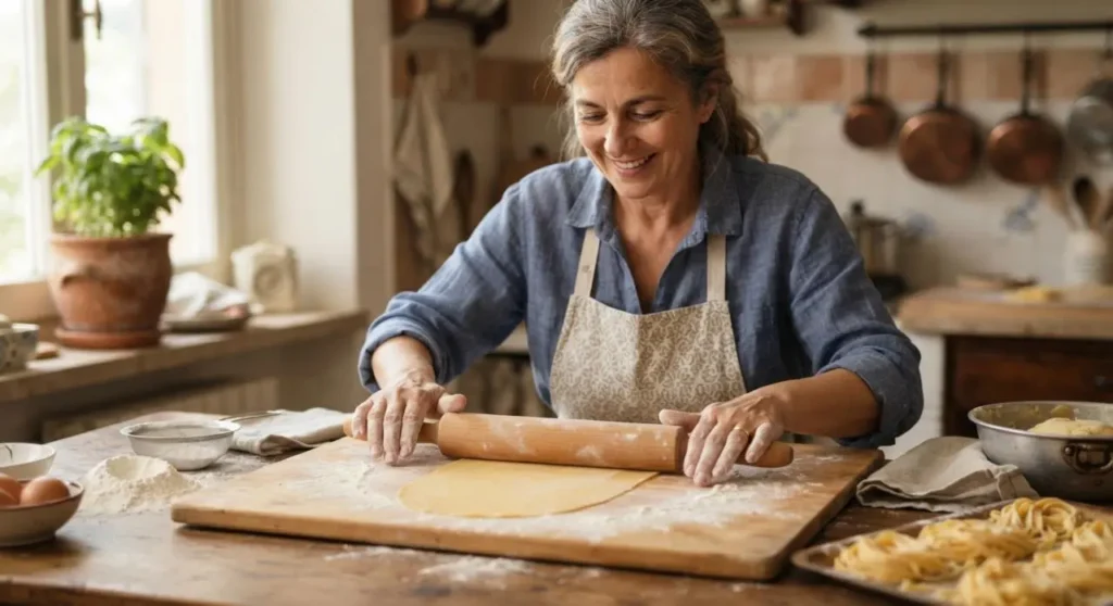 Pasta Fatta in Casa: Il Segreto della Sfoglia Perfetta Donna sorridente stende la sfoglia per pasta fresca fatta in casa con il mattarello
