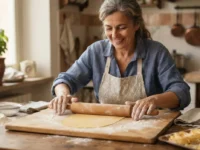 Donna sorridente stende la sfoglia per pasta fresca fatta in casa con il mattarello