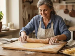 Donna sorridente stende la sfoglia per pasta fresca fatta in casa con il mattarello