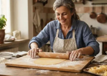 Donna sorridente stende la sfoglia per pasta fresca fatta in casa con il mattarello