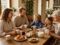 Una famiglia sorridente intorno al tavolo di legno mentre fa colazione con tazze e una caraffa di latte