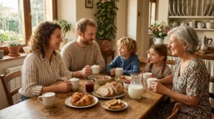 Famiglia a colazione con tazze di latte Una famiglia sorridente intorno al tavolo di legno mentre fa colazione con tazze e una caraffa di latte