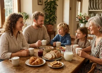 Una famiglia sorridente intorno al tavolo di legno mentre fa colazione con tazze e una caraffa di latte