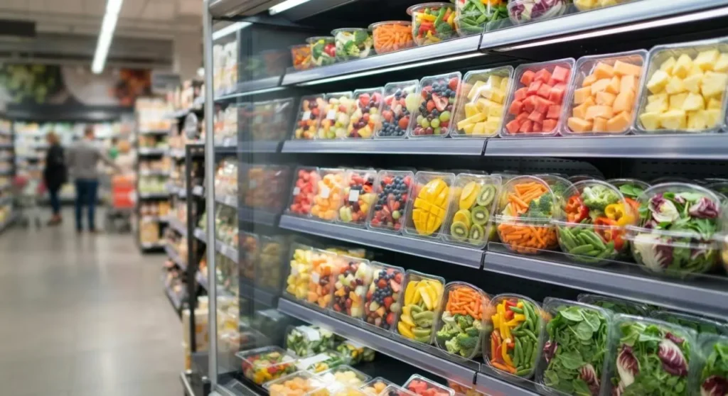 Vaschette di frutta e verdura già tagliata e confezionata esposte nel banco frigo di un supermercato