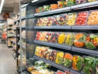 Vaschette di frutta e verdura già tagliata e confezionata esposte nel banco frigo di un supermercato