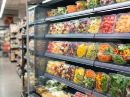 Frutta e verdura già tagliata nel banco frigo Vaschette di frutta e verdura già tagliata e confezionata esposte nel banco frigo di un supermercato