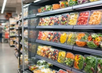 Vaschette di frutta e verdura già tagliata e confezionata esposte nel banco frigo di un supermercato