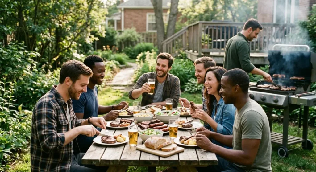 Grigliata all'aperto tra amici in giardino Un gruppo di amici sorridenti pranza all'aperto in giardino mangiando carne alla griglia e bevendo birra.