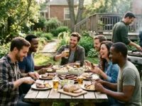 Un gruppo di amici sorridenti pranza all'aperto in giardino mangiando carne alla griglia e bevendo birra.