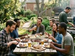 Un gruppo di amici sorridenti pranza all'aperto in giardino mangiando carne alla griglia e bevendo birra.