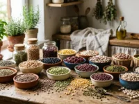Varietà di legumi secchi come ceci, fagioli e lenticchie disposti in ciotole di ceramica e barattoli su un tavolo da cucina in legno