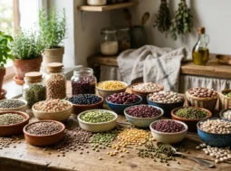 Varietà di legumi su tavolo da cucina rustico Varietà di legumi secchi come ceci, fagioli e lenticchie disposti in ciotole di ceramica e barattoli su un tavolo da cucina in legno