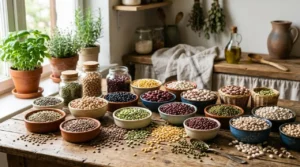 Varietà di legumi su tavolo da cucina rustico Varietà di legumi secchi come ceci, fagioli e lenticchie disposti in ciotole di ceramica e barattoli su un tavolo da cucina in legno