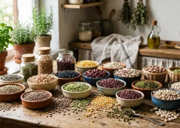 Varietà di legumi secchi come ceci, fagioli e lenticchie disposti in ciotole di ceramica e barattoli su un tavolo da cucina in legno