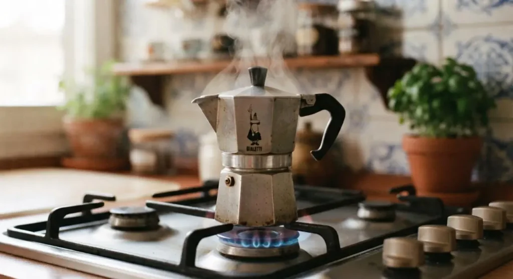 Moka classica sul fuoco della cucina mentre eroga il caffè