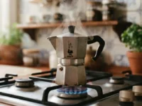 Moka classica sul fuoco della cucina mentre eroga il caffè