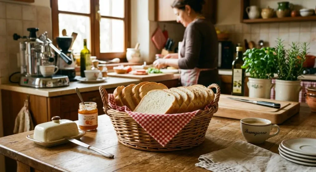 Pane in cassetta nel cestino di vimini Cestino in vimini con fette di pane in cassetta morbido su un tavolo di legno in cucina