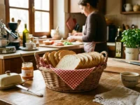 Cestino in vimini con fette di pane in cassetta morbido su un tavolo di legno in cucina