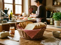 Pane in cassetta nel cestino di vimini Cestino in vimini con fette di pane in cassetta morbido su un tavolo di legno in cucina