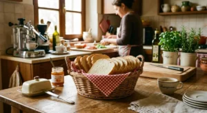Cestino in vimini con fette di pane in cassetta morbido su un tavolo di legno in cucina