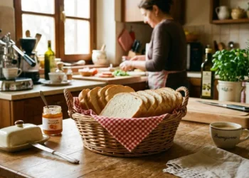 Cestino in vimini con fette di pane in cassetta morbido su un tavolo di legno in cucina