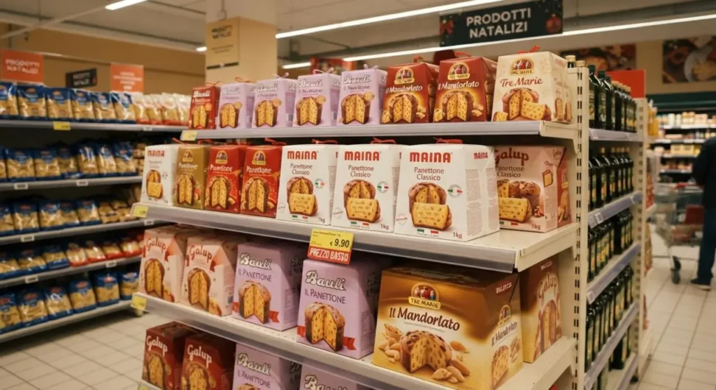 Scaffale di un supermercato con panettoni di marche famose esposti in anticipo a ottobre.