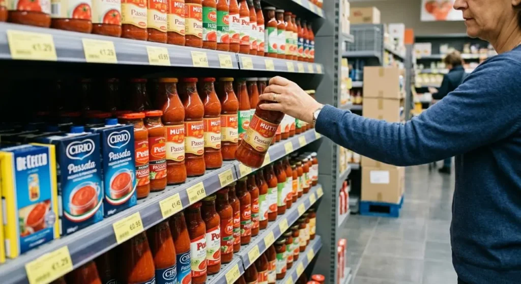 Bottiglie di passata di pomodoro di vari marchi disposte sugli scaffali di un supermercato