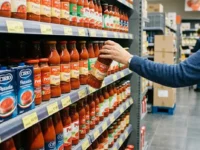 Bottiglie di passata di pomodoro di vari marchi disposte sugli scaffali di un supermercato