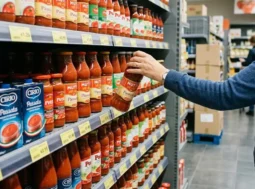 Scaffale con passata di pomodoro al supermercato Bottiglie di passata di pomodoro di vari marchi disposte sugli scaffali di un supermercato