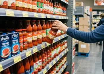 Bottiglie di passata di pomodoro di vari marchi disposte sugli scaffali di un supermercato