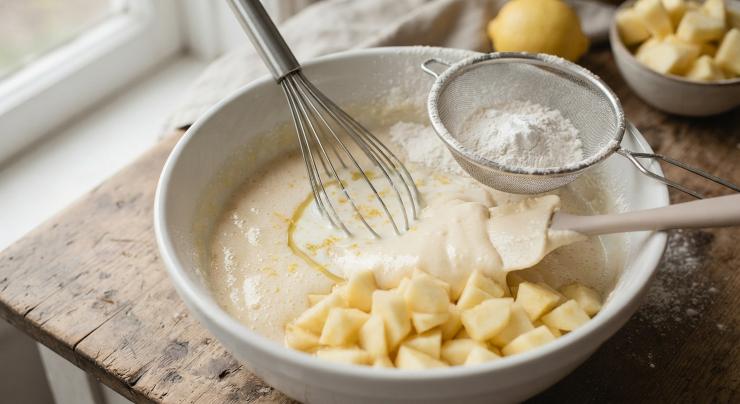 Unite l’olio di semi (o il burro fuso tiepido) a filo, il latte a temperatura ambiente e la scorza grattugiata del limone, continuando a mescolare delicatamente con la frusta per amalgamare i liquidi. Setacciate la farina 00 insieme al lievito per dolci e incorporateli poco alla volta all’impasto, mescolando energicamente per evitare la formazione di grumi fino a ottenere una pastella liscia, omogenea e vellutata. Aggiungete la maggior parte delle mele tagliate direttamente all’interno dell’impasto e amalgamate con una spatola con movimenti dal basso verso l’alto.