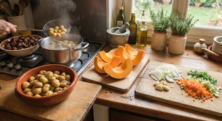 Iniziate dalla cottura delle castagne: asportate la prima buccia e fate cuocere in abbondante acqua bollente per circa 10–15 minuti. Togliete la pellicina spellando poche castagne per volta e lasciando le altre nell’acqua calda. Una volta sbucciate completamente, lasciatele riposare in una terrina di coccio. Pulite la zucca e tagliatela a fette molto grandi, mondate la cipolla e sminuzzatela a striscioline finissime, sbucciate gli spicchi d’aglio e fate un trito con la carota e il sedano.