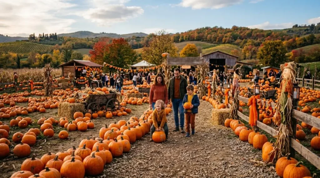 Famiglia con bambini che passeggia tra le zucche in un campo di pumpkin patch autunnale all'aperto in Italia