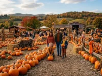 Famiglia con bambini che passeggia tra le zucche in un campo di pumpkin patch autunnale all'aperto in Italia