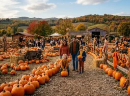 Famiglia con bambini che passeggia tra le zucche in un campo di pumpkin patch autunnale all'aperto in Italia