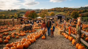 Pumpkin Patch in Italia - Campi di Zucche per Halloween Famiglia con bambini che passeggia tra le zucche in un campo di pumpkin patch autunnale all'aperto in Italia