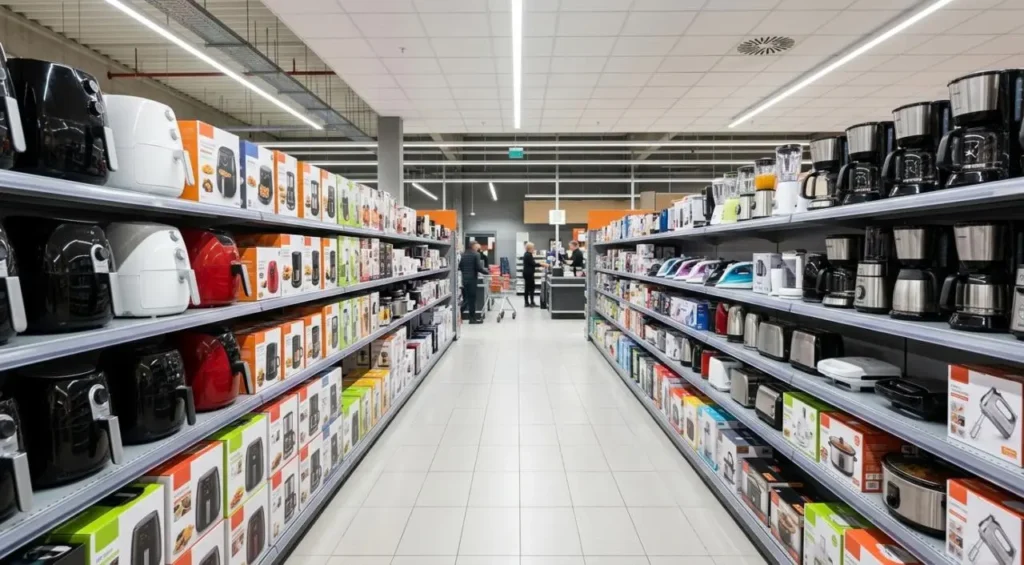 Reparto piccoli elettrodomestici per la cucina Scaffali di un supermercato nel reparto piccoli elettrodomestici per la cucina