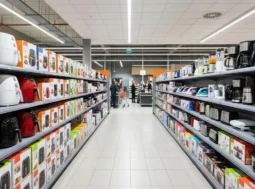 Scaffali di un supermercato nel reparto piccoli elettrodomestici per la cucina