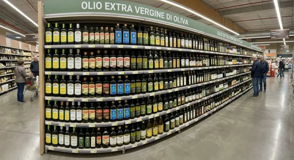 Scaffale con bottiglie di olio extravergine d'oliva al supermercato Ampio scaffale di un supermercato ben fornito con numerose marche e bottiglie di olio extravergine d'oliva in vetro scuro.