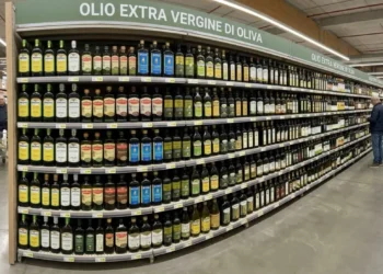 Ampio scaffale di un supermercato ben fornito con numerose marche e bottiglie di olio extravergine d'oliva in vetro scuro.