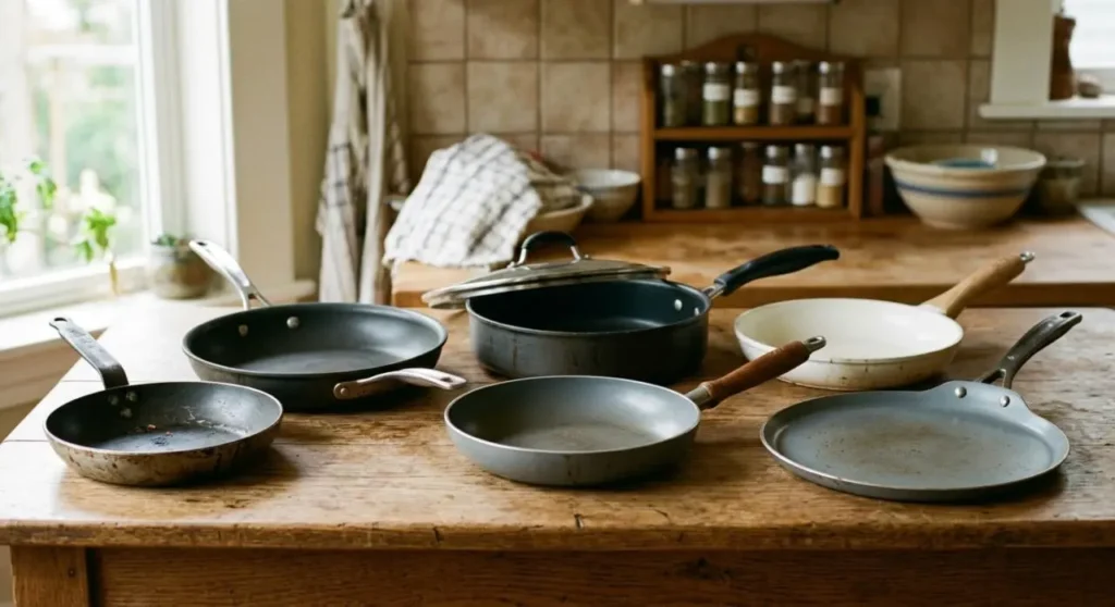 Una serie di diverse padelle antiaderenti disposte su un tavolo di legno in cucina, rappresentando i diversi materiali trattati nell'articolo.