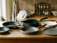 Una serie di diverse padelle antiaderenti disposte su un tavolo di legno in cucina, rappresentando i diversi materiali trattati nell'articolo.