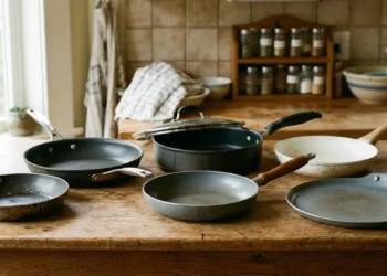 Una serie di diverse padelle antiaderenti disposte su un tavolo di legno in cucina, rappresentando i diversi materiali trattati nell'articolo.