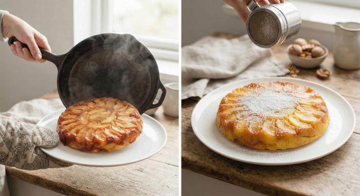 A metà cottura o verso la fine, se necessario, aiutatevi con un piatto piano per capovolgere la torta come una frittata e fate dorare l’altro lato senza coperchio per altri 5 minuti. Spegnete il fuoco, lasciate intiepidire la torta, sformatela su un piatto da portata e completate con una generosa spolverata di zucchero a velo prima di servire in tavola.
